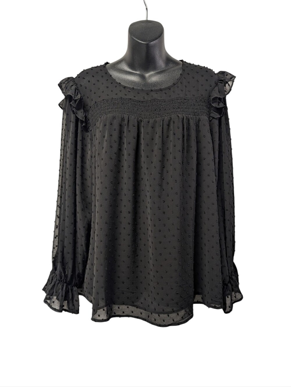 Maurices Women's Black Swiss Dot Ruffle Sleeve Blouse XL Smocked Sheer NWT